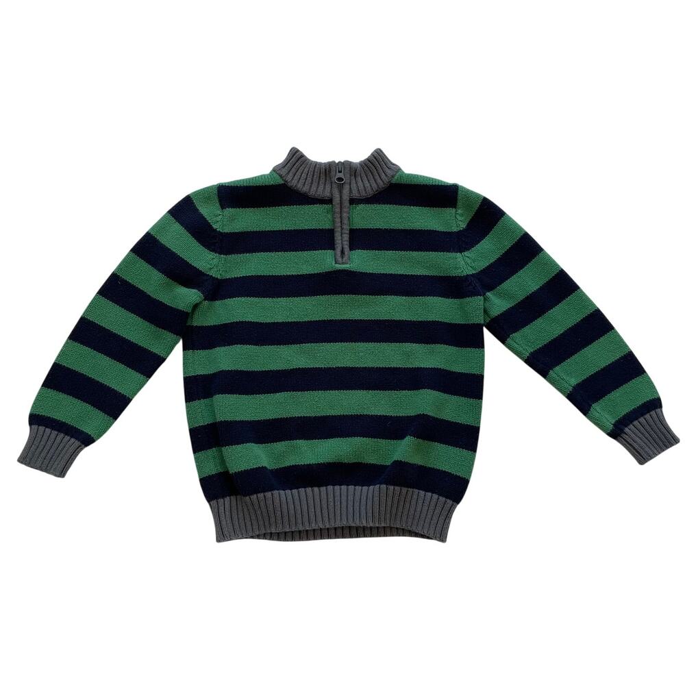 Hanna Andersson 110 Boys 4-5 Navy Green Striped Cotton 1/4 Zip Sweater, Preppy